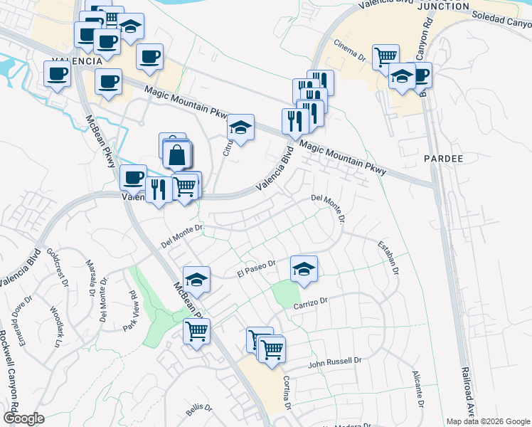 map of restaurants, bars, coffee shops, grocery stores, and more near 23731 Del Monte Drive in Santa Clarita