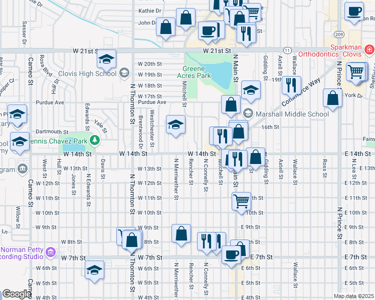 map of restaurants, bars, coffee shops, grocery stores, and more near in Clovis
