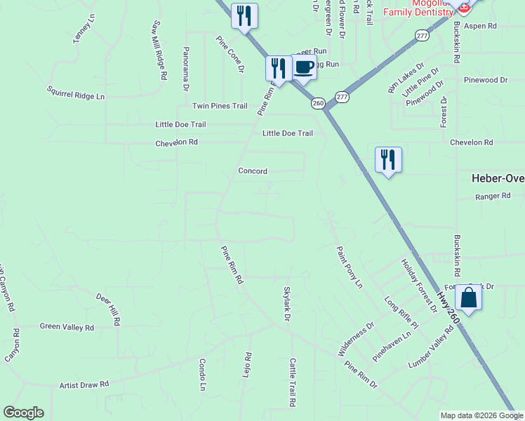 map of restaurants, bars, coffee shops, grocery stores, and more near 2950 Country View Lane in Heber-Overgaard