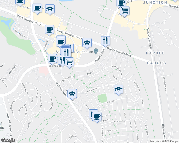 map of restaurants, bars, coffee shops, grocery stores, and more near 23838 Valencia Boulevard in Santa Clarita