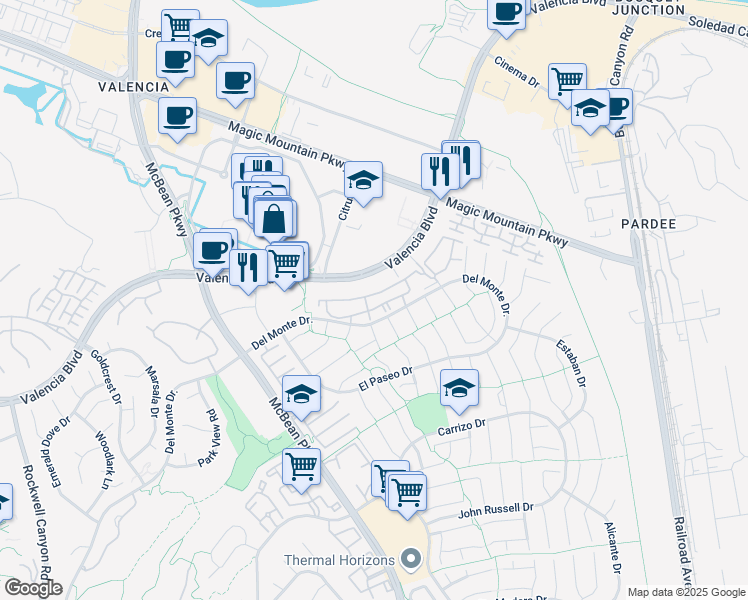 map of restaurants, bars, coffee shops, grocery stores, and more near 23735 Del Monte Drive in Santa Clarita