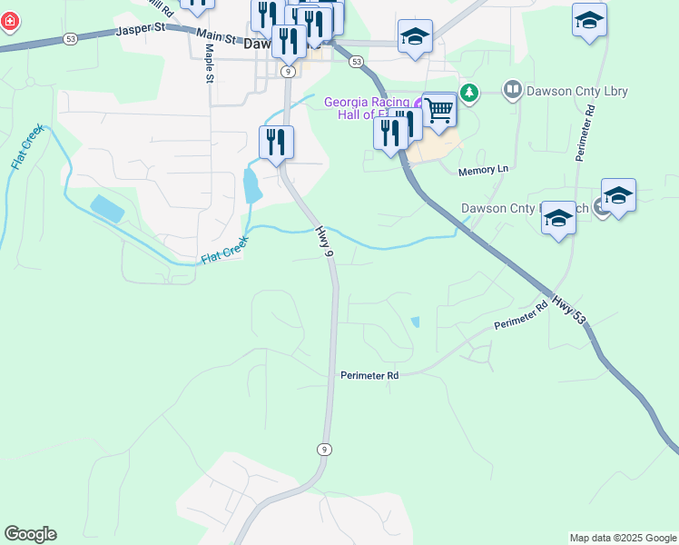 map of restaurants, bars, coffee shops, grocery stores, and more near 653 Georgia 9 in Dawsonville