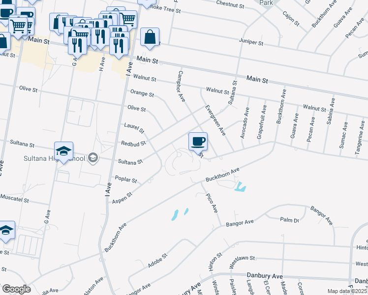 map of restaurants, bars, coffee shops, grocery stores, and more near 17608 Sultana Street in Hesperia