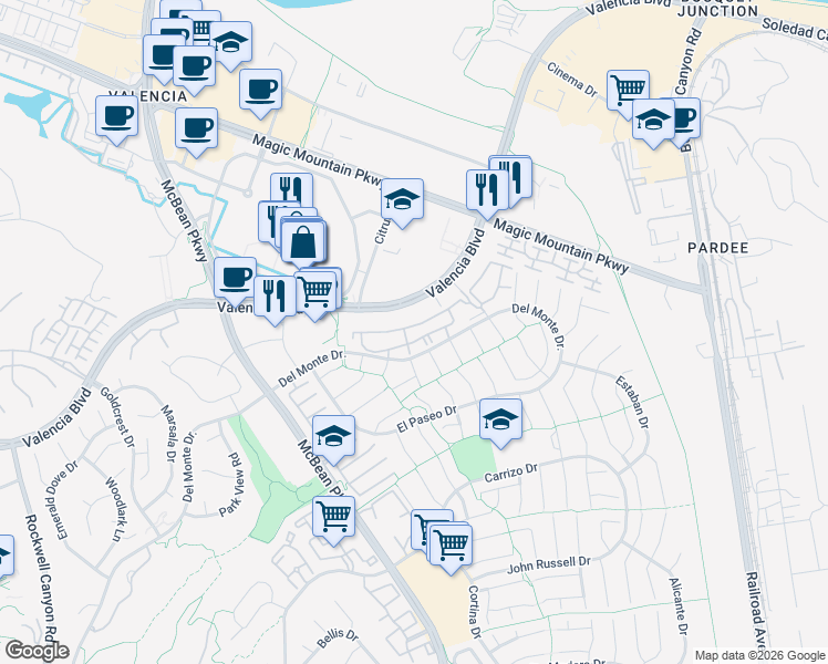 map of restaurants, bars, coffee shops, grocery stores, and more near 23838 Valencia Boulevard in Santa Clarita