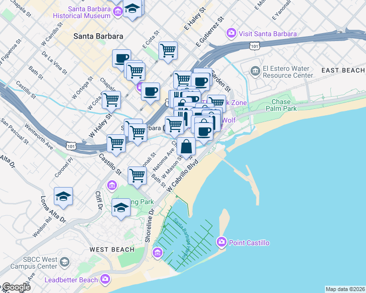 map of restaurants, bars, coffee shops, grocery stores, and more near 101 State Street in Santa Barbara