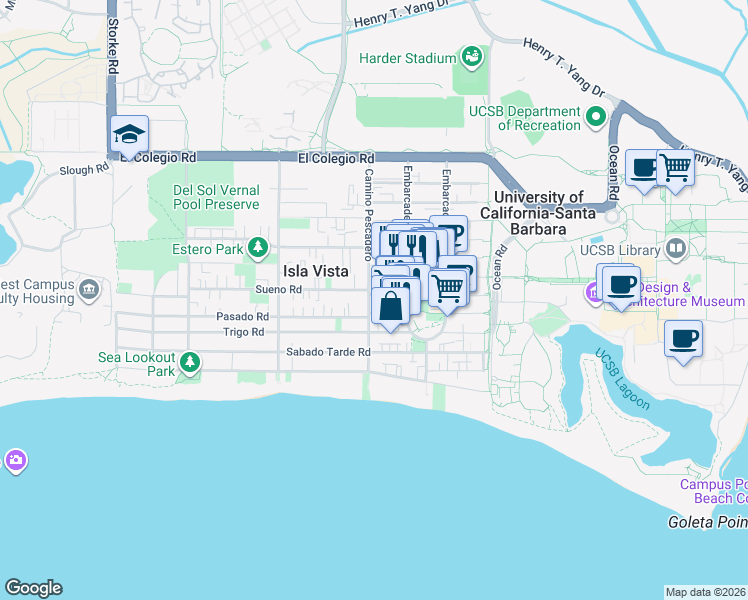 map of restaurants, bars, coffee shops, grocery stores, and more near 6608 Sueno Road in Goleta