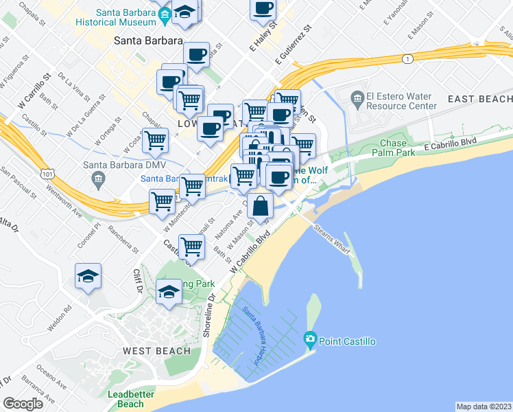 map of restaurants, bars, coffee shops, grocery stores, and more near 30 West Mason Street in Santa Barbara