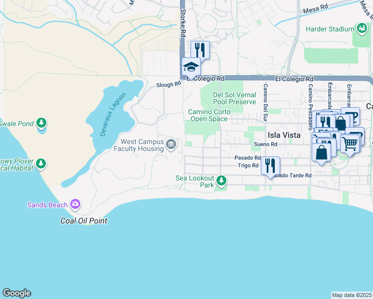 map of restaurants, bars, coffee shops, grocery stores, and more near 6891 Fortuna Road in Goleta