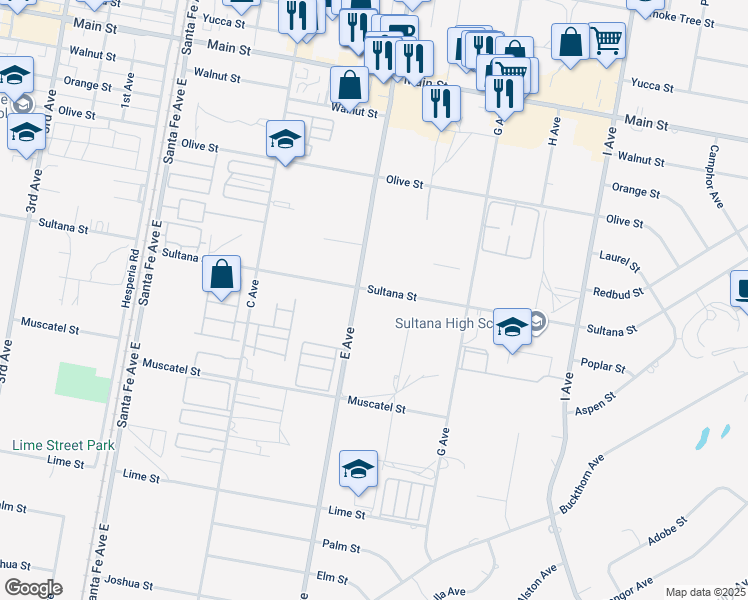 map of restaurants, bars, coffee shops, grocery stores, and more near Sultana Street in Hesperia