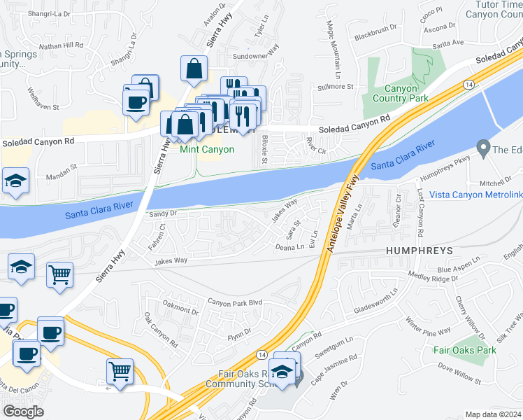map of restaurants, bars, coffee shops, grocery stores, and more near 18035 West Grace Lane in Los Angeles County