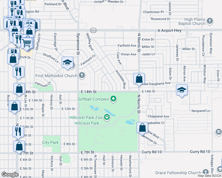 map of restaurants, bars, coffee shops, grocery stores, and more near 1408 Hillcrest Drive in Clovis