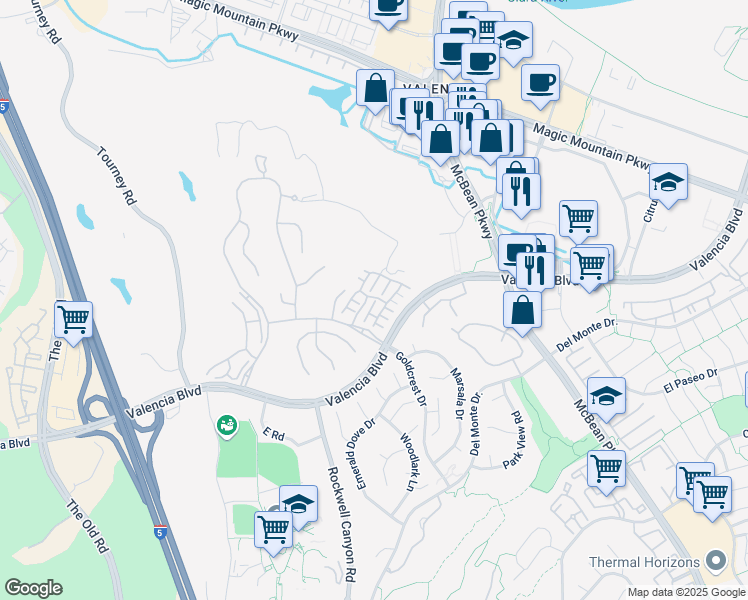 map of restaurants, bars, coffee shops, grocery stores, and more near 27014 Monterey Avenue in Santa Clarita