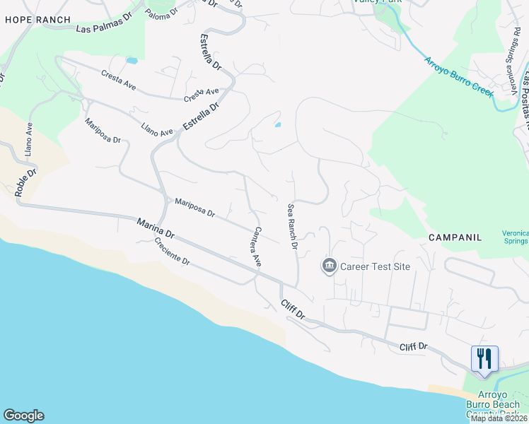 map of restaurants, bars, coffee shops, grocery stores, and more near 4015 Corta Road in Santa Barbara