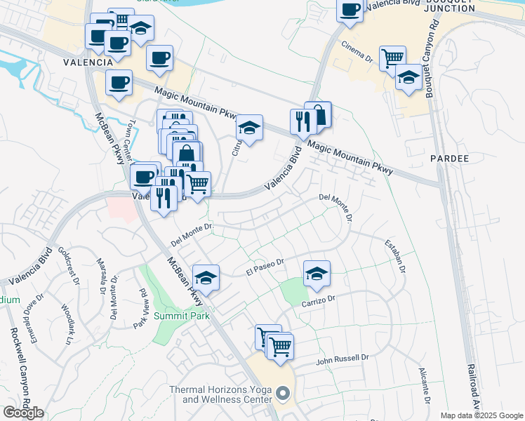 map of restaurants, bars, coffee shops, grocery stores, and more near 23745 West Del Monte Drive in Santa Clarita