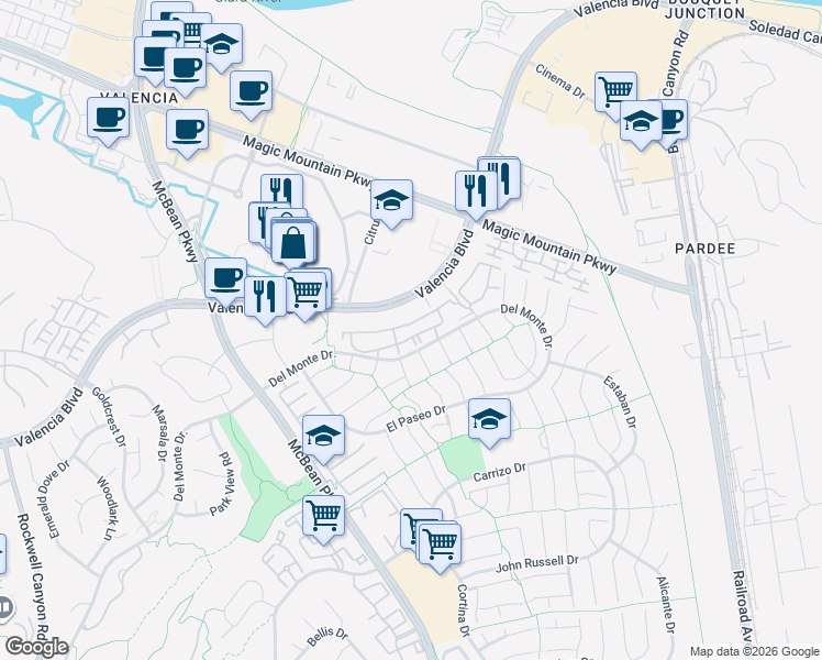 map of restaurants, bars, coffee shops, grocery stores, and more near 23838 Valencia Boulevard in Santa Clarita