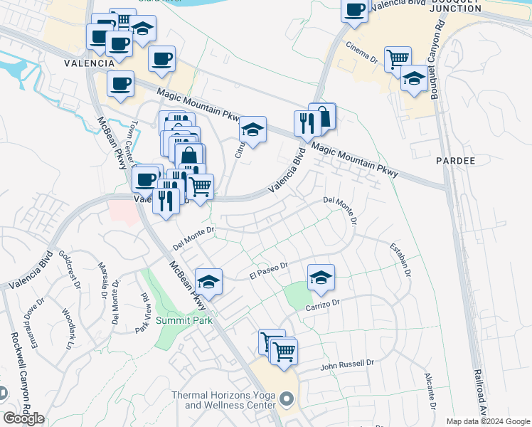 map of restaurants, bars, coffee shops, grocery stores, and more near 23745 Del Monte Drive in Santa Clarita