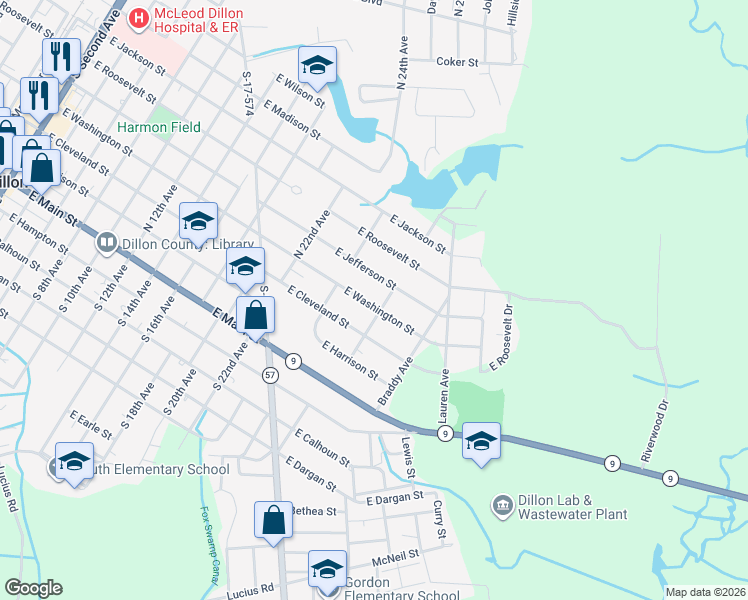 map of restaurants, bars, coffee shops, grocery stores, and more near 1312 East Jefferson Street in Dillon