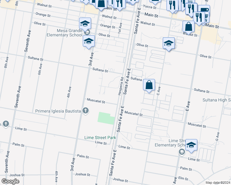 map of restaurants, bars, coffee shops, grocery stores, and more near 17043 Main Street in Hesperia