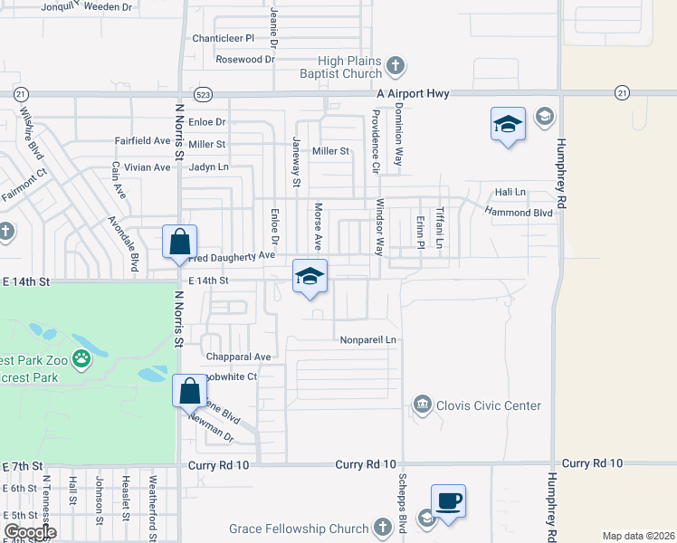 map of restaurants, bars, coffee shops, grocery stores, and more near 2533 Fred Daugherty Avenue in Clovis