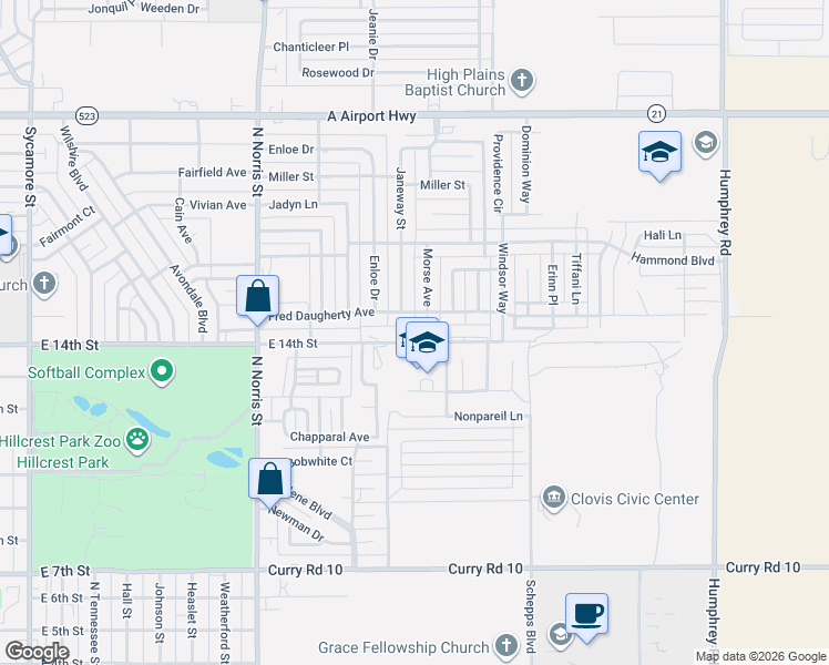 map of restaurants, bars, coffee shops, grocery stores, and more near 2573-2583 Fred Daugherty Avenue in Clovis
