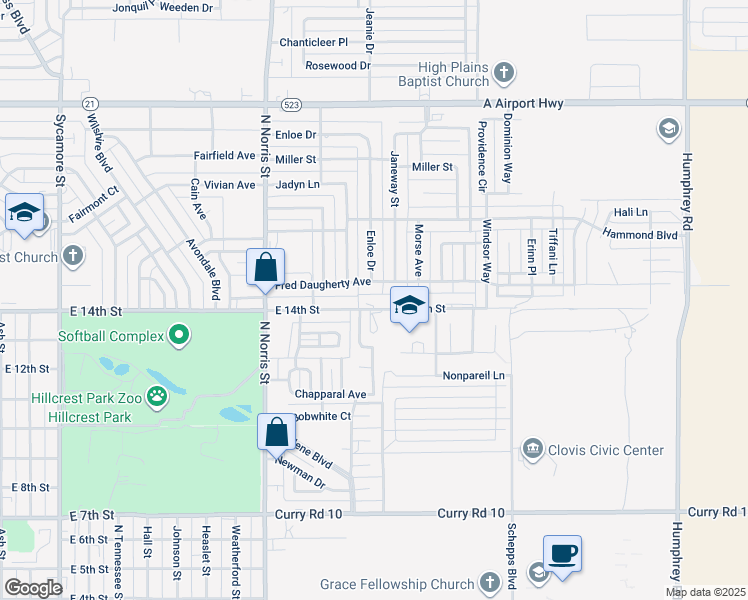 map of restaurants, bars, coffee shops, grocery stores, and more near 2405 Fred Daugherty Avenue in Clovis