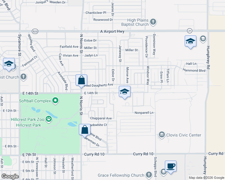 map of restaurants, bars, coffee shops, grocery stores, and more near 2405 Fred Daugherty Avenue in Clovis