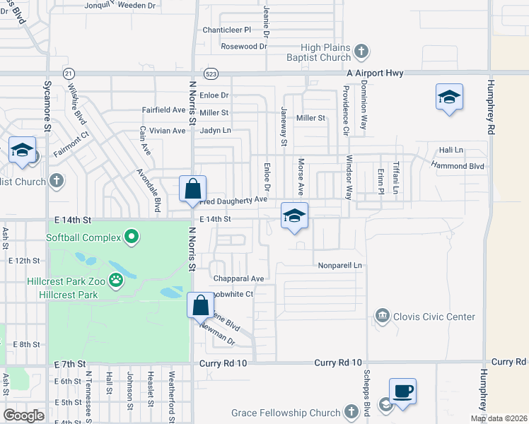 map of restaurants, bars, coffee shops, grocery stores, and more near 2405 Fred Daugherty Avenue in Clovis
