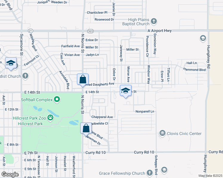 map of restaurants, bars, coffee shops, grocery stores, and more near 2405 Fred Daugherty Avenue in Clovis