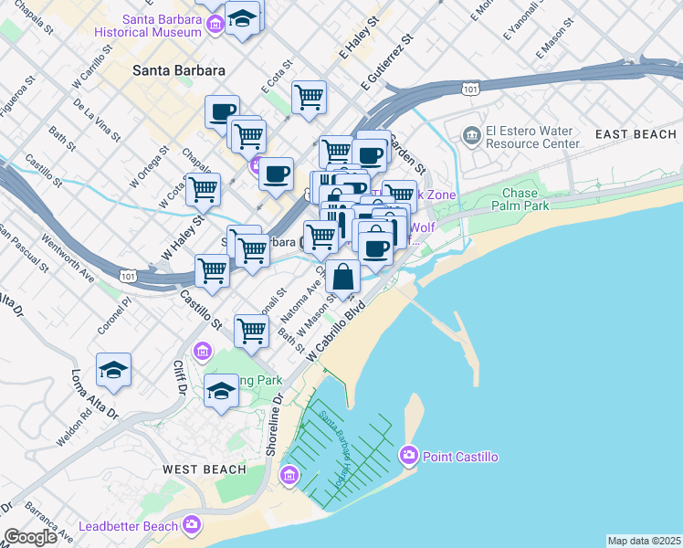 map of restaurants, bars, coffee shops, grocery stores, and more near 101 State Street in Santa Barbara