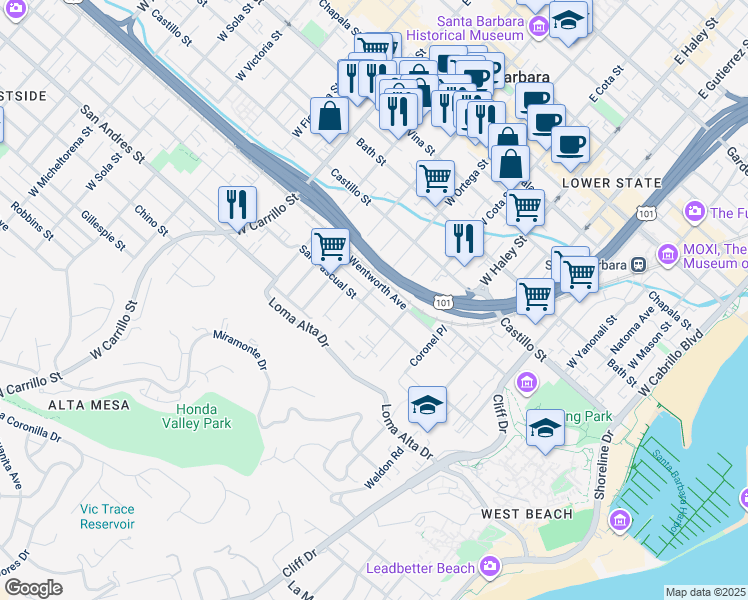 map of restaurants, bars, coffee shops, grocery stores, and more near 705 Wentworth Avenue in Santa Barbara