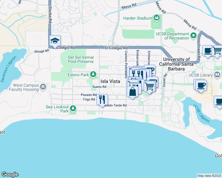 map of restaurants, bars, coffee shops, grocery stores, and more near in Isla Vista