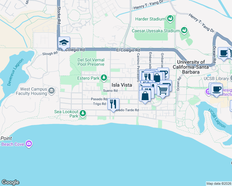 map of restaurants, bars, coffee shops, grocery stores, and more near 6680 Sueno Road in Goleta