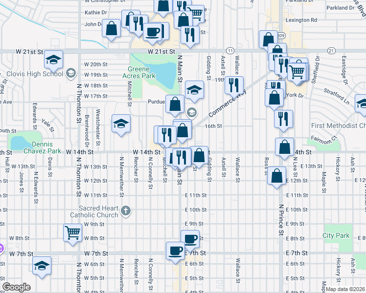 map of restaurants, bars, coffee shops, grocery stores, and more near 417 Schepps Boulevard in Clovis