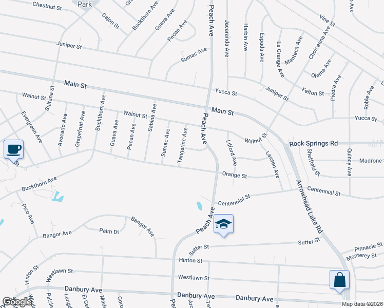 map of restaurants, bars, coffee shops, grocery stores, and more near 18347 Madrone Street in Hesperia