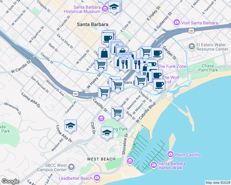 map of restaurants, bars, coffee shops, grocery stores, and more near 214 West Montecito Street in Santa Barbara