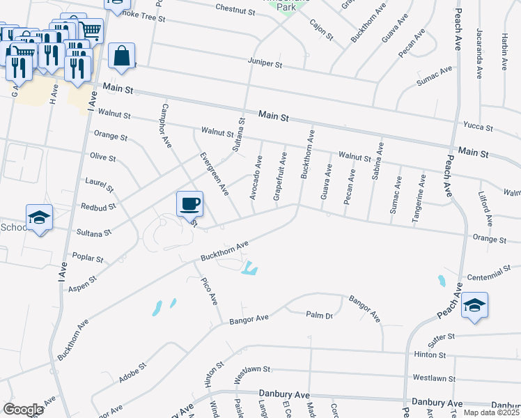 map of restaurants, bars, coffee shops, grocery stores, and more near 8871 Avocado Avenue in Hesperia