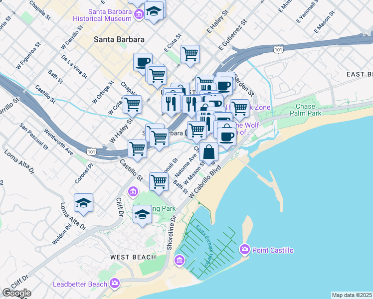 map of restaurants, bars, coffee shops, grocery stores, and more near 124 West Yanonali Street in Santa Barbara