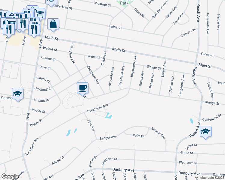 map of restaurants, bars, coffee shops, grocery stores, and more near 8871 Avocado Avenue in Hesperia