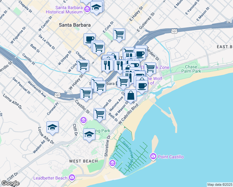 map of restaurants, bars, coffee shops, grocery stores, and more near 124 West Yanonali Street in Santa Barbara