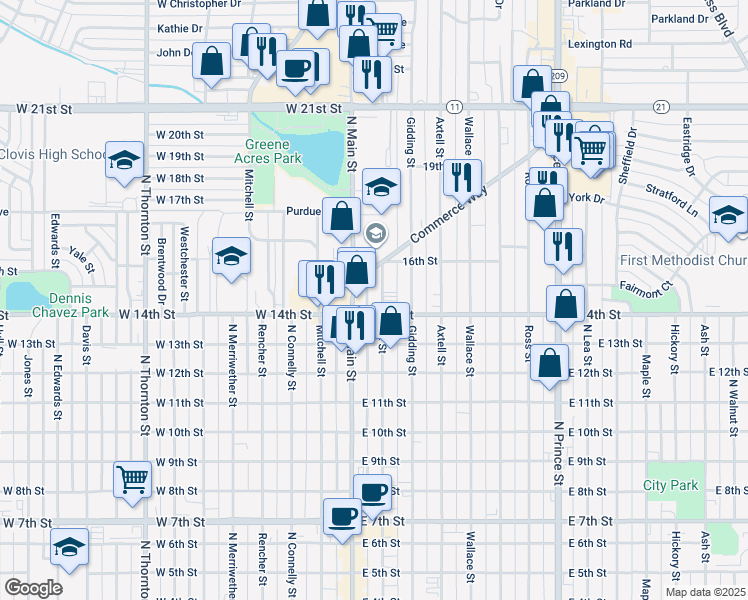 map of restaurants, bars, coffee shops, grocery stores, and more near 201 East Washington in Clovis
