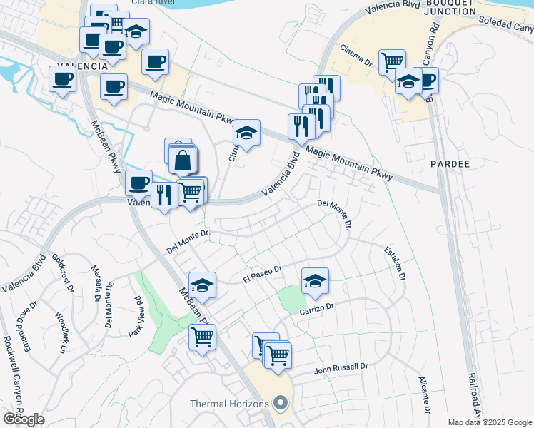 map of restaurants, bars, coffee shops, grocery stores, and more near 23735 Del Monte Drive in Santa Clarita