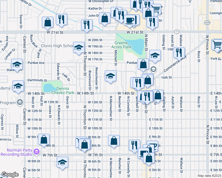 map of restaurants, bars, coffee shops, grocery stores, and more near 500 West 14th Street in Clovis