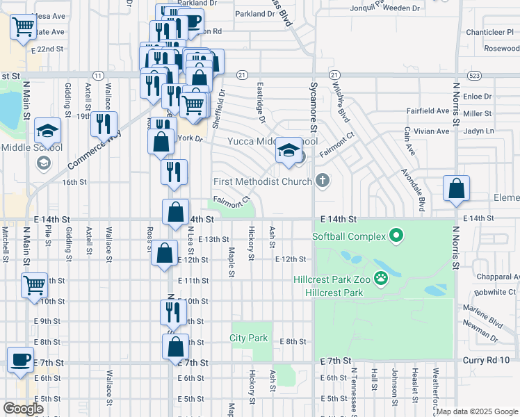 map of restaurants, bars, coffee shops, grocery stores, and more near 1415 Hickory Street in Clovis