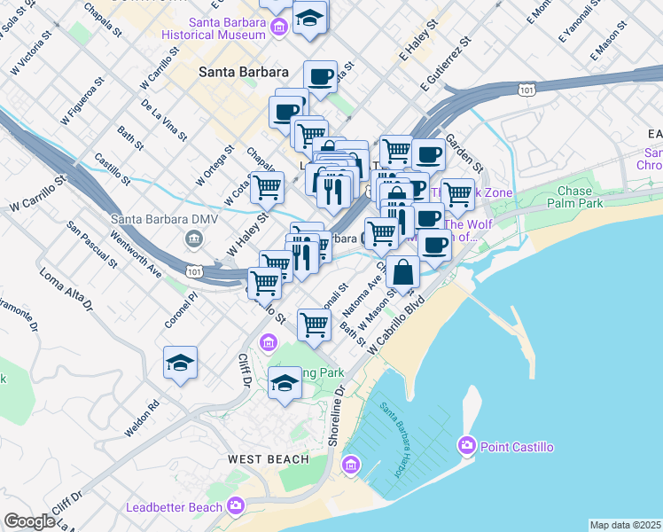 map of restaurants, bars, coffee shops, grocery stores, and more near 199 West Montecito Street in Santa Barbara