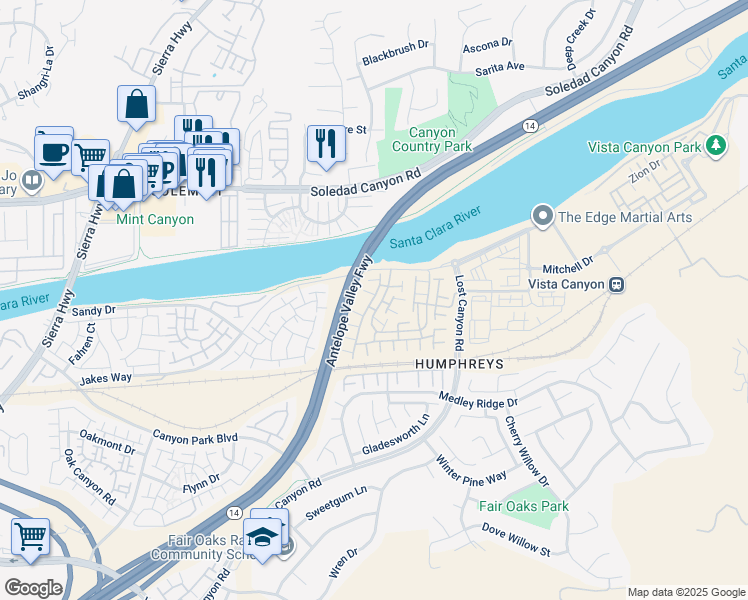 map of restaurants, bars, coffee shops, grocery stores, and more near 27627 Marta Lane in Los Angeles County