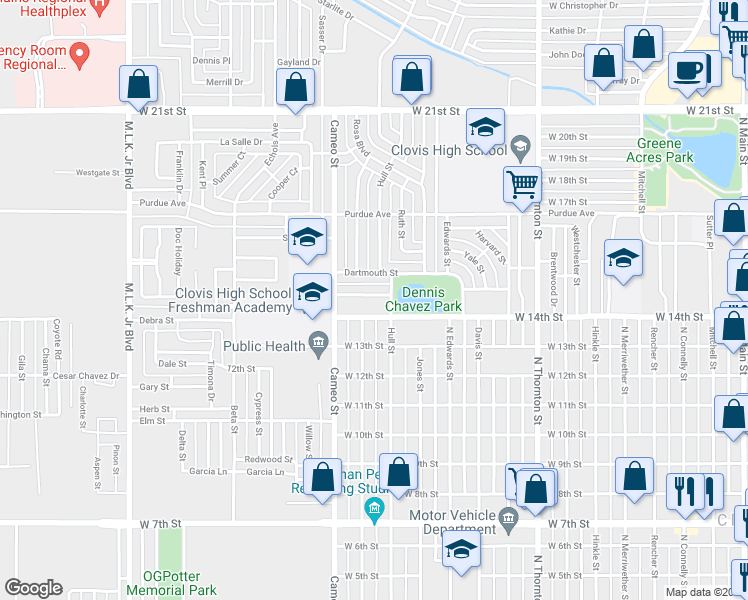 map of restaurants, bars, coffee shops, grocery stores, and more near 1301 West 15th Street in Clovis