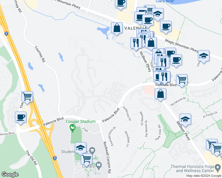map of restaurants, bars, coffee shops, grocery stores, and more near 26967 Carmelita Drive in Santa Clarita