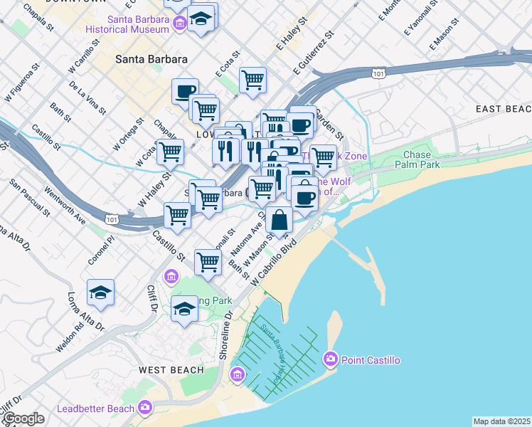 map of restaurants, bars, coffee shops, grocery stores, and more near 134 Chapala Street in Santa Barbara
