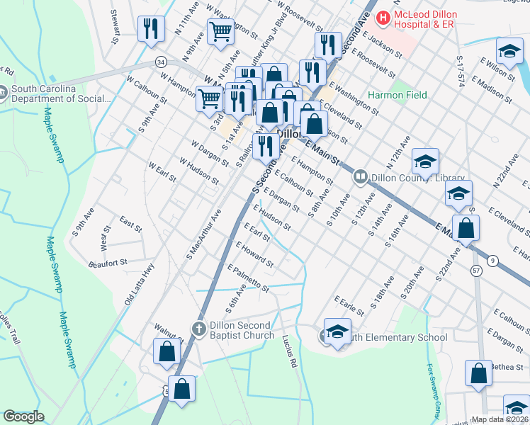 map of restaurants, bars, coffee shops, grocery stores, and more near 405 South 4th Avenue in Dillon