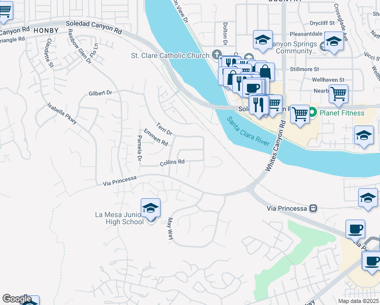 map of restaurants, bars, coffee shops, grocery stores, and more near 19732 Elizabeth Way in Santa Clarita